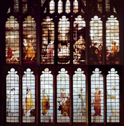 Kerststal en de Deugden (glas-in-lood) door Thomas Jervais